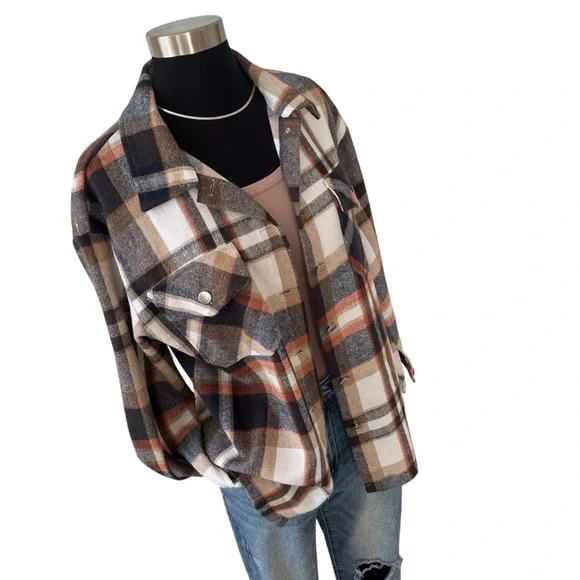 Plaid button up knit over shirt light shacket black orange M - Picture 2 of 11